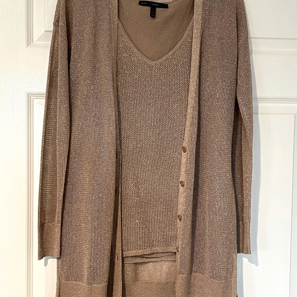 White House Black Market Rose Gold Shimmer Sweater Set, Size S